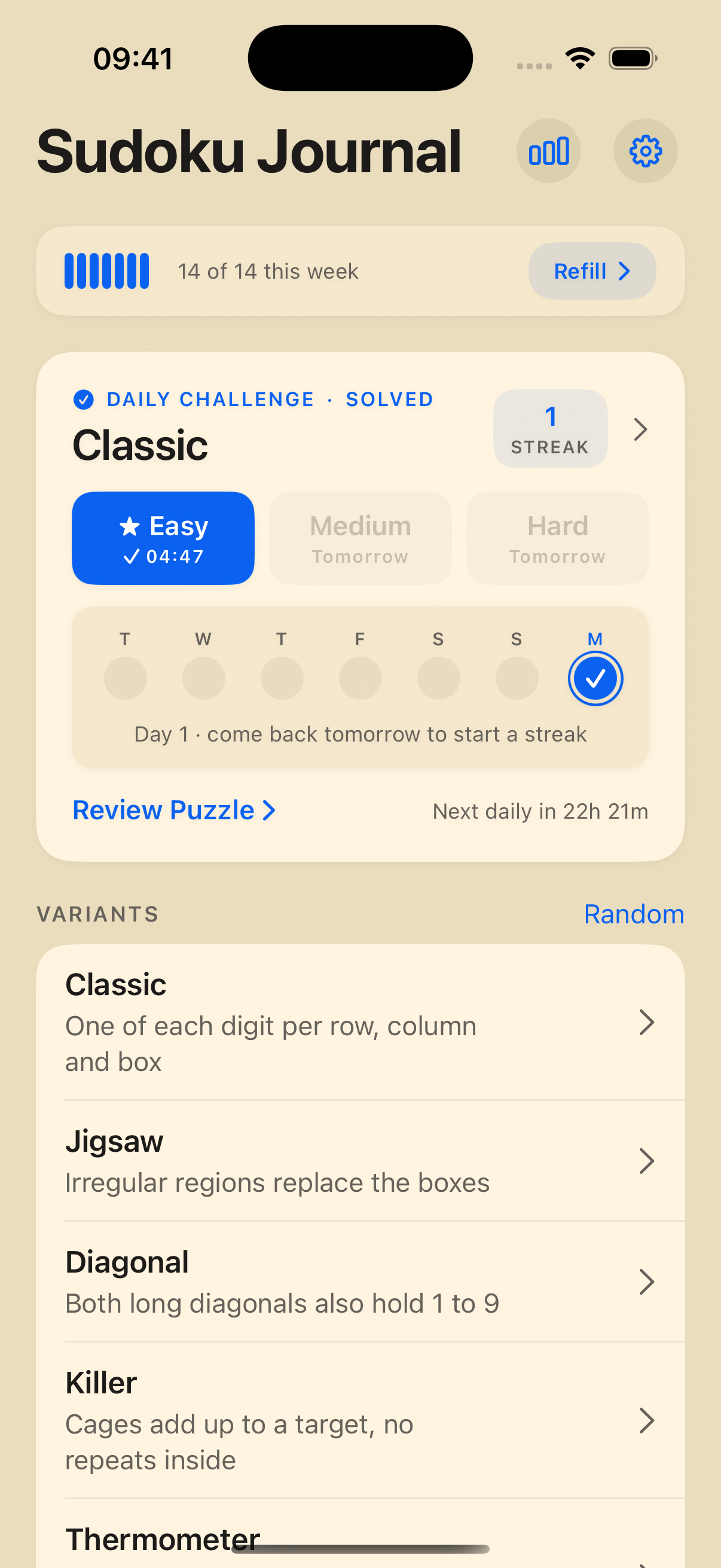 Sudoku Journal home showing a solved Daily Challenge and one-day streak