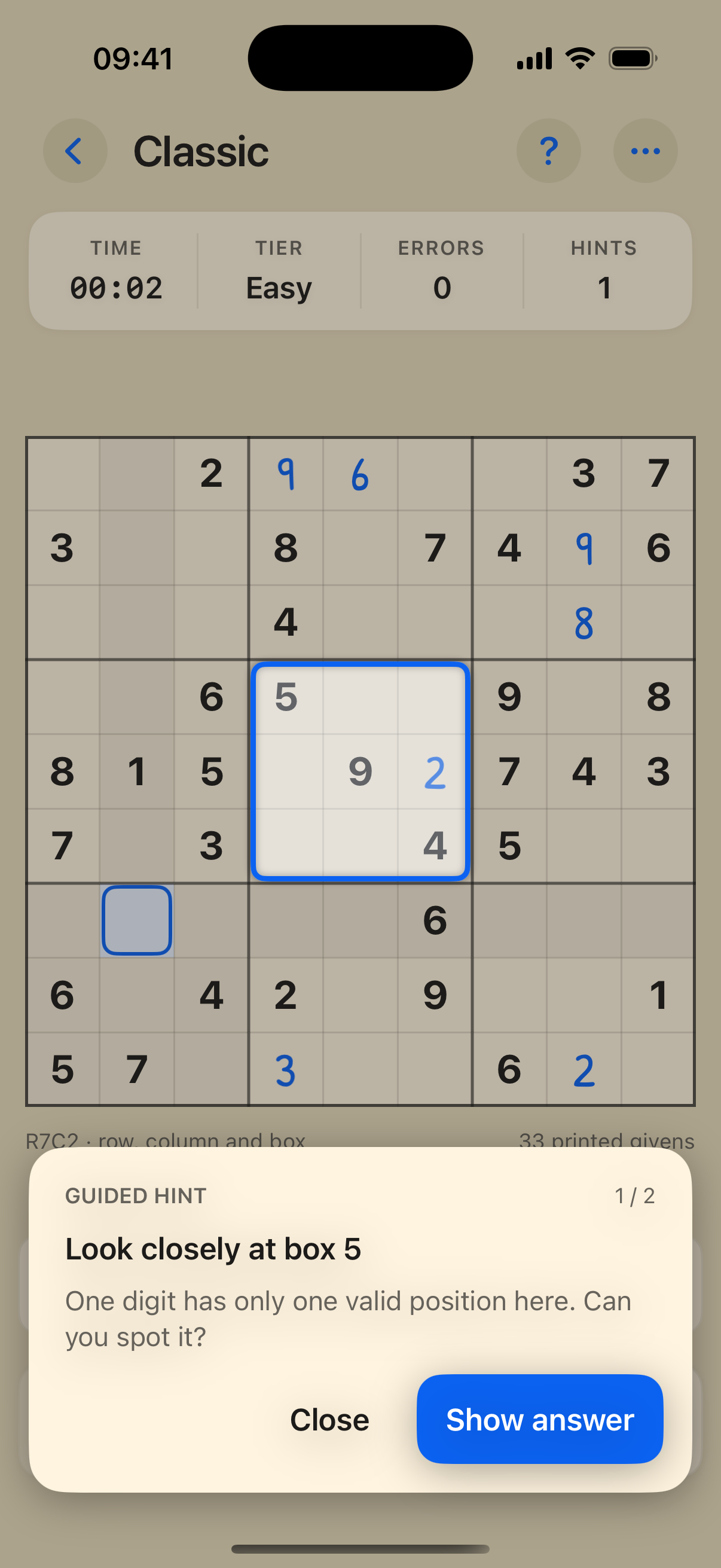 Guided hint asking the player to find a digit with one valid position in box 6