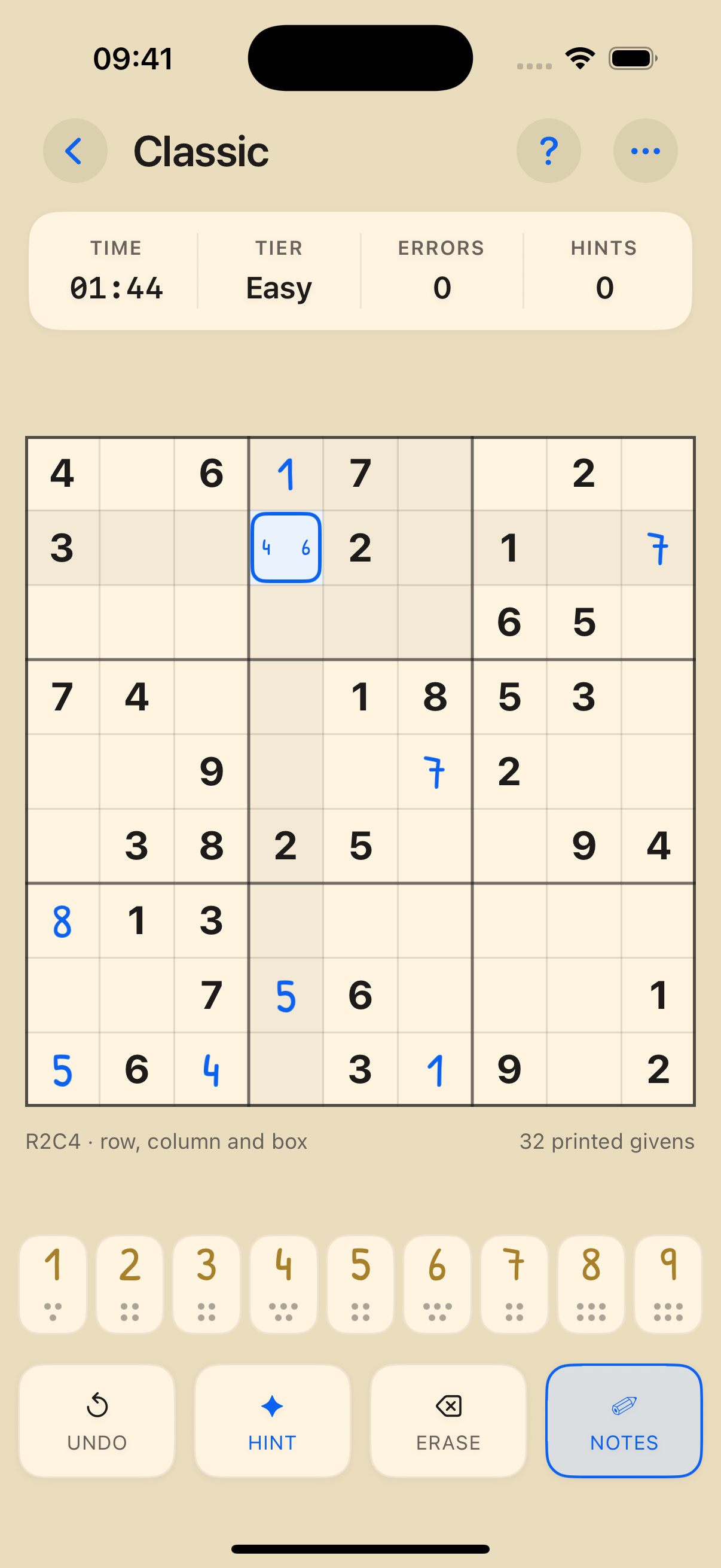 Classic Sudoku board with pencil marks in two cells and Notes mode selected