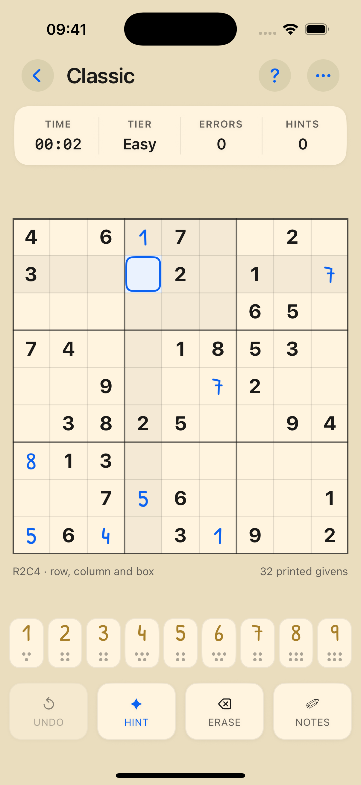 Classic Sudoku puzzle in progress with a selected cell and player-entered digit