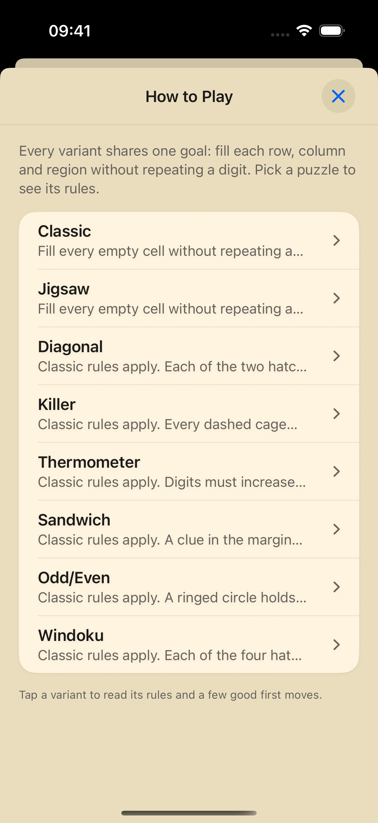 How to Play menu listing all eight Sudoku Journal puzzle variants